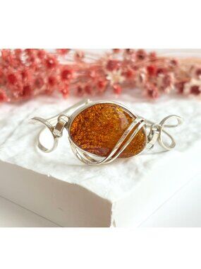Baltic Amber Modernist Swirly Vintage Sterling Silver 925 Bangle Bracelet
